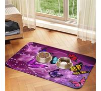 Purple Butterflies print Cats Pet Bowl Placemat Pet Feeding Mats for Dogs, Non-Slip PU Leather Tablecloth for Pets