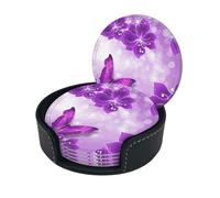 Purple Butterflies Print Coasters For Drinks With Holder Set Of 6, Pu Leather Coasters Drink Coasters Cup Pad Mats
