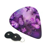 Purple Butterflies print Printed Guitar Picks, 6 Pack with Leather Keychain Pick Holder - 0.46mm, 0.71mm, 0.96mm Assorted Thickness for Acoustic Ukulele, Electric Guitar, Acoustic Guitar, Bass