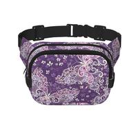 Purple Butterflies Print Unisex Square Double Layer Waist Bag Trendy Crossbody Fanny Pack Travel Workouts, Black, One Size