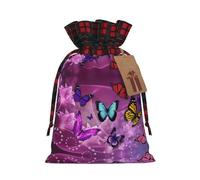 Purple Butterflies Printing Cute Color Matching Plaid Christmas Bag Drawstring Design For Christmas Party Gift Packaging