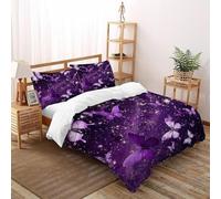 Purple Butterfly 3 Pcs Complete Bedding Set 3D Art Design Floral Printed Duvet Cover with Fitted Sheet Pillowcases Soft And Comfortable 100% Pure Cotton Double（200x200cm）