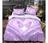 Purple butterfly 3D Pattern Quilt Cover 3-Piece Ultra-Soft Microfibre Anti-Fade Fantasy heart design Duvet Insert Cover 2 Pillowcases Zip Closure Fade-Resistant Adults Couples Single (135x200cm)