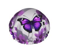 Purple butterfly and flower 1 Print Double Layer Waterproof Shower Cap Women Men Reusable Bath Hair Caps Elastic Band