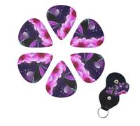 Purple butterfly and flower Guitar Picks 6 Pack, 0.71mm Thickness Celluloid Bass Pick with Leather Guitar Pick Holder Keychain Abstract Art Pics Plectrum for Acoustic Electric Guitar, Ukulele, Bass