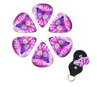 Purple butterfly and flower Guitar Picks 6 Pack, 0.96mm Thickness Celluloid Bass Pick with Leather Guitar Pick Holder Keychain Abstract Art Pics Plectrum for Acoustic Electric Guitar, Ukulele, Bass