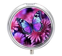 Purple Butterfly and Flower Medicine Pill Case, 3 Compartment Round Pill Box, Portable Decorative Medicine Organizer for Pocket Or Purse Vitamin Organize