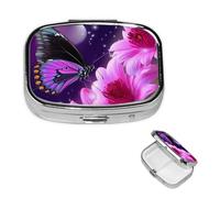 Purple Butterfly and Flower Pill Box with Mirror 2 Compartment Decorative Pill Case for Purse or Pocket Small Square Pill Organizer Weekly Metal Medicine Tablet Vitamin Holder Travel Gift