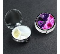 Purple Butterfly and Flower Pill Box with Mirror 3 Compartment Decorative Pill Case for Purse or Pocket Small Round Pill Organizer Weekly Metal Medicine Tablet Vitamin Holder Travel Gift