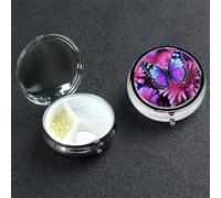Purple Butterfly and Flower Pill Case 3 Compartment Pill Box Portable Metal Pill Organizer Cute Travel Pill Container Vitamin Organizer for Purse Pocket Travel Gift