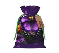 Purple butterfly and flower print Large Christmas bag, reusable drawstring linen packet, Birthday Parties Supplies