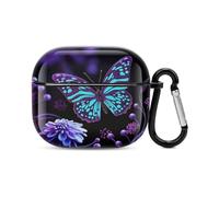 Purple Butterfly and Flowers Bluetooth Earbuds Case Cover Full Body Shockproof Protection Hard Case Support Wireless Charging with Keychain Personalized Gift for AirPods 3