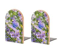 Purple Butterfly and Flowers Book Ends Wood Decorative Non-Skid Book Ends Classic Universal Metal Base Bookends Multi-Purpose Arch Heavy Duty Bookends for Home Office and Library