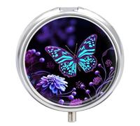Purple Butterfly and Flowers Decorative Metal Pill Box 3-Compartment - Portable Medicine Organizer for Vitamins, Travel Pill Case with BPA-Free Inserts, Personalized Gift for Women Men