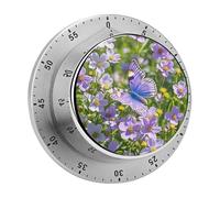 Purple Butterfly and Flowers Kitchen Timer Chef Cooking with Loud Alarm Mechanical Desk Timer Magnetic