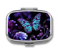 Purple Butterfly and Flowers Pill Case 2 Compartment Small Pill Box Compact Travel Daily Medicine Organizer Portable Medicine Vitamin Container Fish Oil and Supplement Storage