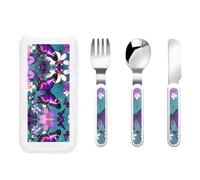 Purple Butterfly and Flowers Print 3 Flatware Set Knife Fork Spoon