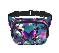 Purple Butterfly and Flowers Print Square Waist Purse Double Layer Fanny BagTrendy Travel Waist Bag for Men and Women, Black, One Size