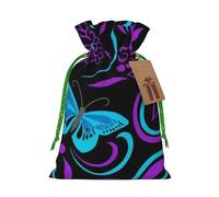 (Purple butterfly and flowers) Printed Christmas M Size Gift Bags with Green Ribbon Drawstring Candy Bags for Kids Xmas Holiday Christmas Eve Presents