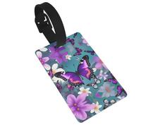 Purple Butterfly and Flowers Printed Small Luggage Tags Portable Bag ID Holders with Adjustable Strap for Travel Gear