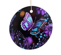 Purple Butterfly And Flowers Round Ceramic Pendant Hanging Festival Ornament, Personalized Double Sided Ceramic Home Decor, Lightweight Durable Hanging Ornament Gift for Home, Party, Women Men
