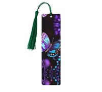 Purple Butterfly and Flowers Wooden Bookmarks 5 Pcs,Handmade Double-Sided Printed Book Marks Page Markers with Dark Green Tassels Book Accessories Gift for Book Lovers Women Men