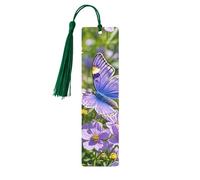 Purple Butterfly and Flowers Wooden Bookmarks 5pcs with Dark Green Tassels Handmade Double-Sided Printed Book Marks Page Markers Book Accessories Gift for Book Lovers Women Men