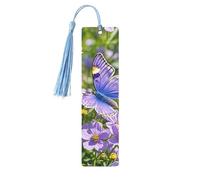 Purple Butterfly and Flowers Wooden Bookmarks 5pcs with Sky Blue Tassels Handmade Double-Sided Printed Book Marks Page Markers Book Accessories Gift for Book Lovers Women Men