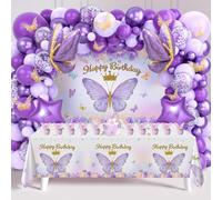 Purple Butterfly Birthday Decorations,111pcs Butterfly Party Decorations with Purple Lilac Balloon Arch, Butterfly Balloons, Backdrop, Cake Toppers,Tablecloth,for Girl Lady Dreamy Birthday Decorations