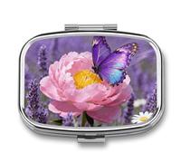 Purple Butterfly Bloom Pill Box - 2 Compartment Travel Pill Organizer with Small Mirror, Portable Pillcase for Pocket & Purse, Cute Square Medicine Case, Weekly Medicine Container
