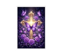 Purple Butterfly Christian Cross Wall Art Canvas Posters Purple Roses Religious Spiritual Floral Artwork for Living Room Bedroom Home Wall Decor Faith Gifts for-24x36inch(60x90cm)-Unframe-style