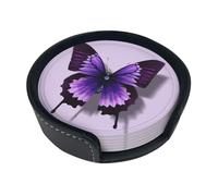 Purple Butterfly Coasters For Drinks, 6 Pcs Leather Coaster With Holder, Round Cup Mat Pad Set For Home Office Table Decoration