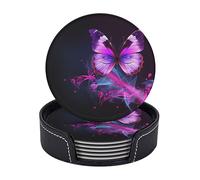 Purple Butterfly Coasters Set of 6 for Drinks Absorbent Leather Coaster with Holder Round Cup Mat for Table Mats Home Decor House Gifts