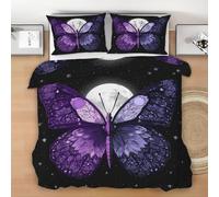 Purple Butterfly Duvet Cover Set Single Kids Teens, 3D Full Moon Starry Sky Printed Bedding Set 135x200 cm, with 1 Pillowcase, Microfibre Reversible Quilt Cover With Zipper Closure