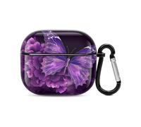 Purple Butterfly Floral Bluetooth Earbuds Case Cover Full Body Shockproof Protection Hard Case Support Wireless Charging with Keychain Personalized Gift for AirPods 3