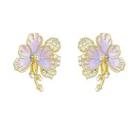 Purple Butterfly Flower Gradient Enamel Glaze Flower Earrings Gold-plated with Diamond Pearl Tassel Gentle Ear Accessories