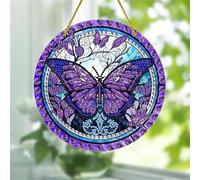 Purple Butterfly Flower Stained Windows Hanging Suncatcher,Flower Stained Acrylic Suncatchers Window Ornament Stained Glass Panel Sun Catcher Wall Hanging Decor Birthday Gifts