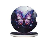 Purple Butterfly Flowers Prints Ceramic car coasters (2-pack) absorb moisture, are non-slip and easy to clean for cars, trucks, and boats.