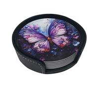 Purple Butterfly Flowers Round leather coasters (set of 6) Delicate and soft table decorations, suitable for coffee cups, mugs, etc.