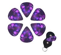 Purple Butterfly Guitar Picks 6 Pack, 0.71mm Thickness Celluloid Bass Pick with Leather Guitar Pick Holder Keychain Abstract Art Pics Plectrum for Acoustic Electric Guitar, Ukulele, Bass