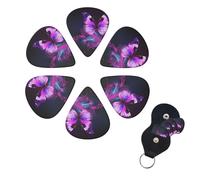 Purple Butterfly Guitar Picks 6 Pack, 0.96mm Thickness Celluloid Bass Pick with Leather Guitar Pick Holder Keychain Abstract Art Pics Plectrum for Acoustic Electric Guitar, Ukulele, Bass