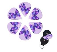 Purple Butterfly Guitar Picks 6 Pack, 0.96mm Thickness Celluloid Bass Pick with Leather Guitar Pick Holder Keychain Abstract Art Pics Plectrum for Acoustic Electric Guitar, Ukulele, Bass