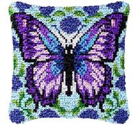Purple Butterfly Latch Hook Kits Pillow DIY Rug Crochet Hook Cushion Making Kits with Preprinted Pattern Canvas DIY Handmade Home Sofa Christmas Cushion Kits Decor 43x43cm