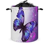Purple Butterfly Laundry Basket with Lid Collapsible Waterproof Laundry Hamper Large Drawstring Clothes Hamper Storage Bin with Handles for Home Bathroom Bedroom Dorm 17.3 x 17.3 Inch