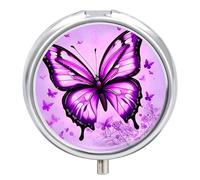 Purple Butterfly Metal Pill Organizer, 3 Compartment Waterproof Pill Case with Mirror for Purse Pocket Bag, Daily Medicine Vitamin Holder, Portable Travel Med Container(Round)