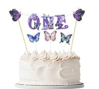 Purple Butterfly One Cake Topper Banner, Pre-Strung Butterfly First Birthday Cake Topper Garland & Cupcake Toppers,6pcs Flower Baby Shower 1st Birthday Party Supplies
