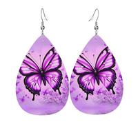 Purple Butterfly Pattern leather earrings | Water drop-shaped printed earrings, suitable for daily/party/dating scenes