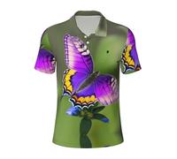 Purple Butterfly Pattern Men's Polo Shirt Performance Short Sleeve Golf Shirt for Casual Wear, Leisure Outings