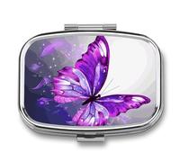 Purple Butterfly Pill Box 2 Compartment Pill Case Portable Pocket Pill Organizer Medicine Vitamin Organizer for Men Women