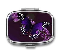 Purple Butterfly Pill Box 2 Compartments Portable Travel Pill Case Mini Medicine Organizer for Pocket Purse Metal Waterproof Medicine Container Holder Vitamin Fish Oil